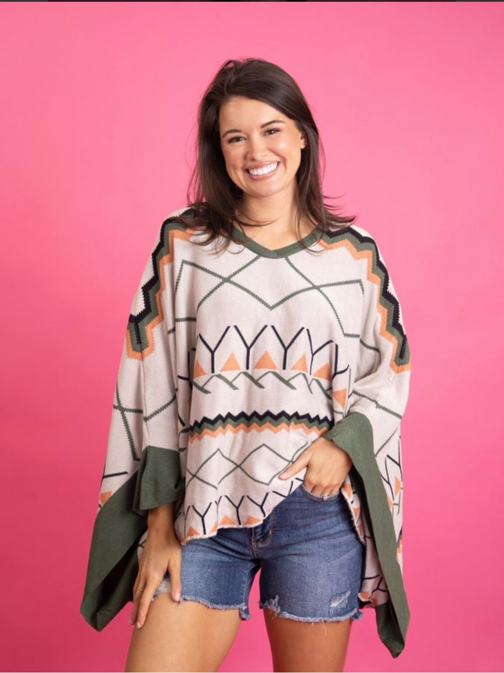 First Love Geometric Poncho Sweater in Cream, Olive & Orange